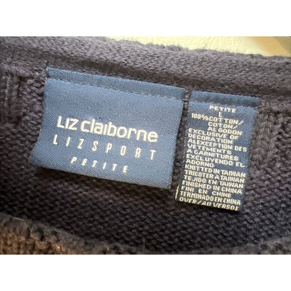 Liz Claiborne Lizsport Flag Sweater Navy Blue 100% Cotton Crew Neck Petite Large - Picture 3 of 7